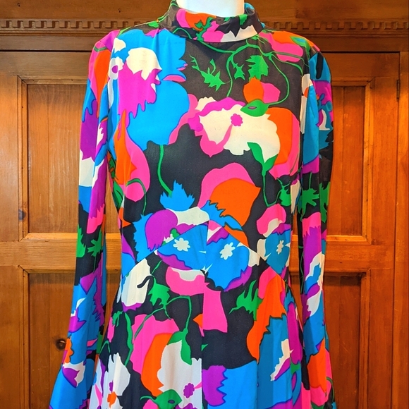 Vintage Dresses & Skirts - VTG 70's Psychedelic Dress Floor-length Long Sleeved Bright Florals Pucci Style